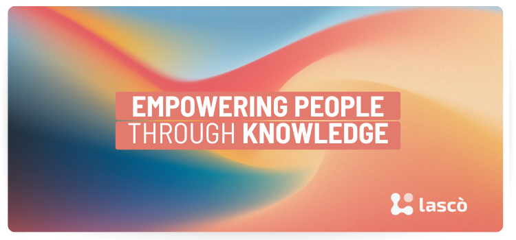 This image is a banner with smooth, flowing colors in blue, peach, pink, and yellow. In the center, bold white text on a red background reads: “EMPOWERING PEOPLE THROUGH KNOWLEDGE”. At the bottom right is a small white logo with the word “Lascò”.